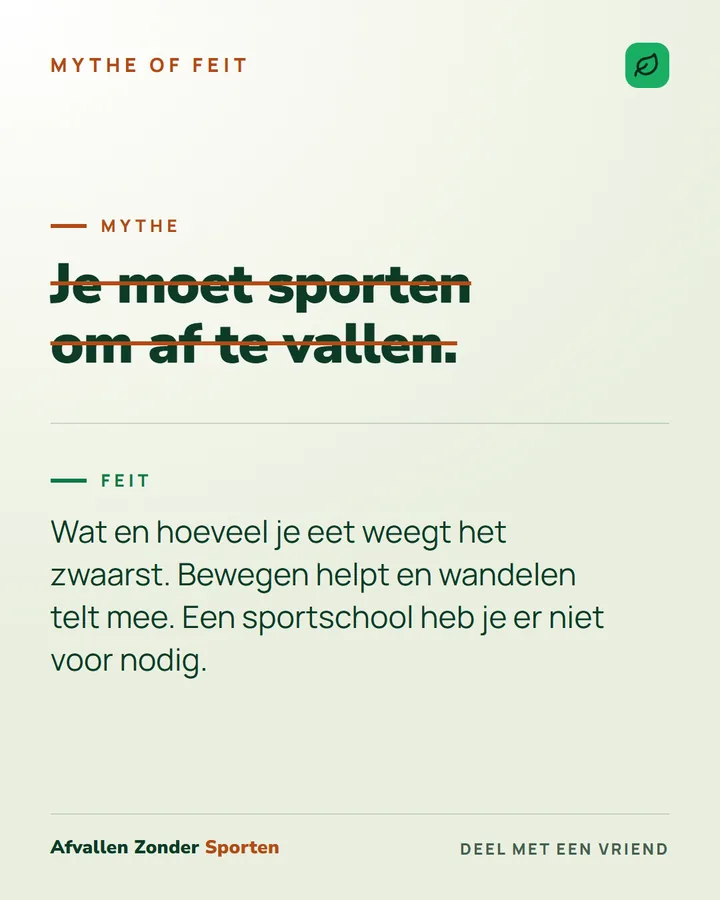 Mythe of feit: de mythe dat je moet sporten om af te vallen, doorgestreept, met het feit eronder