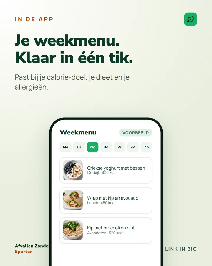 Post over de app: het weekmenu op een telefoonscherm, klaar in één tik