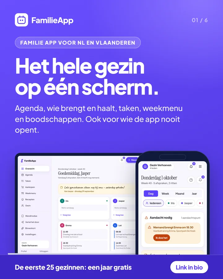 FamilieApp op laptop en telefoon: agenda, taken, weekmenu en boodschappen op één scherm