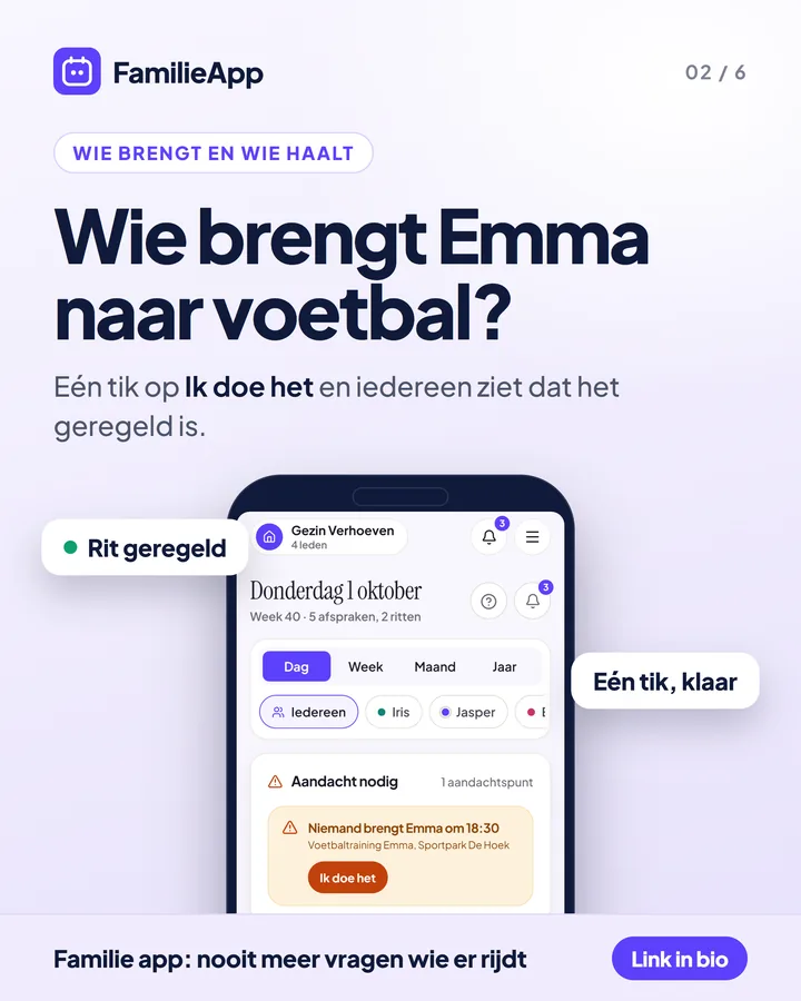 Wie brengt en haalt de kinderen? Een open rit met de knop Ik doe het in FamilieApp