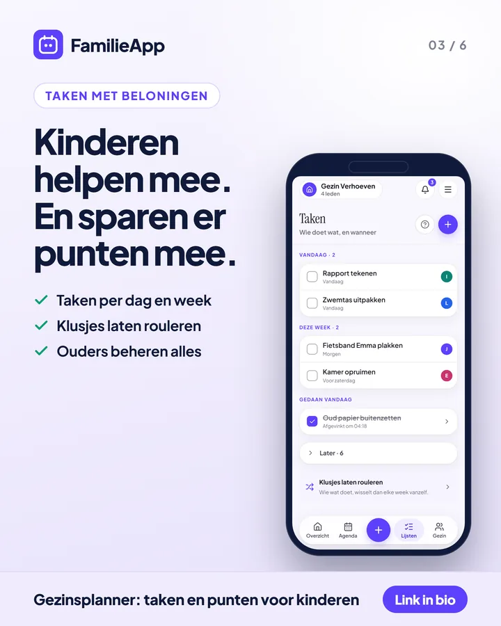 Taken met beloningen voor kinderen: klusjes per dag en per week in FamilieApp