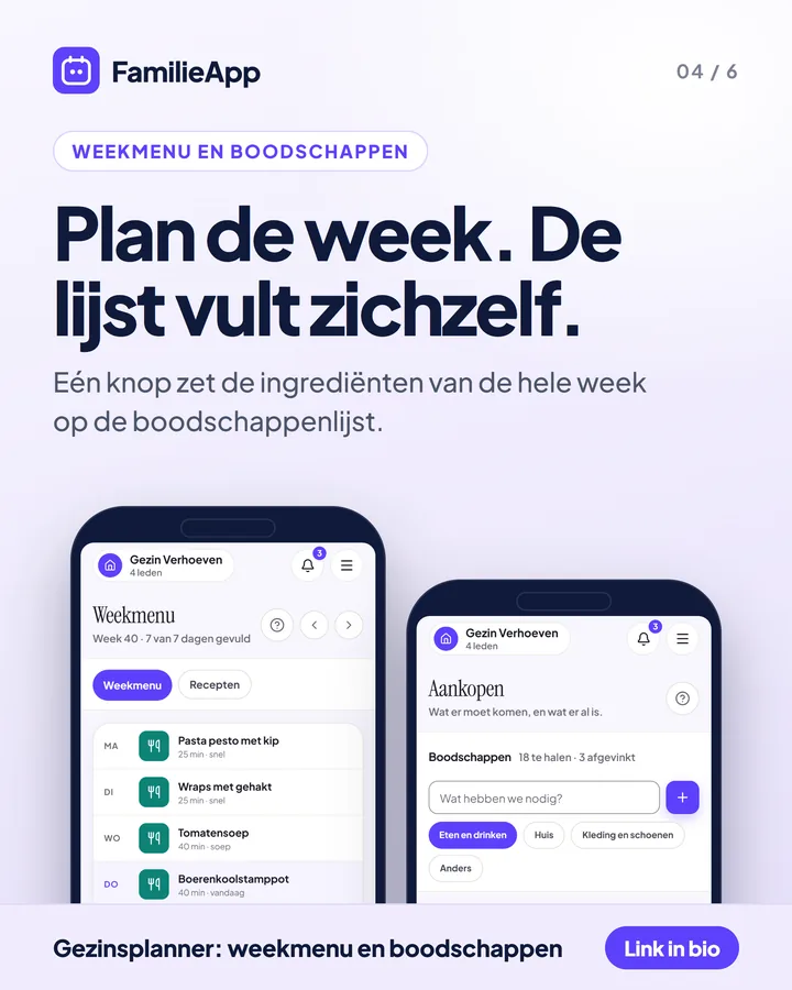 Weekmenu en gedeelde boodschappenlijst in FamilieApp, op twee telefoons