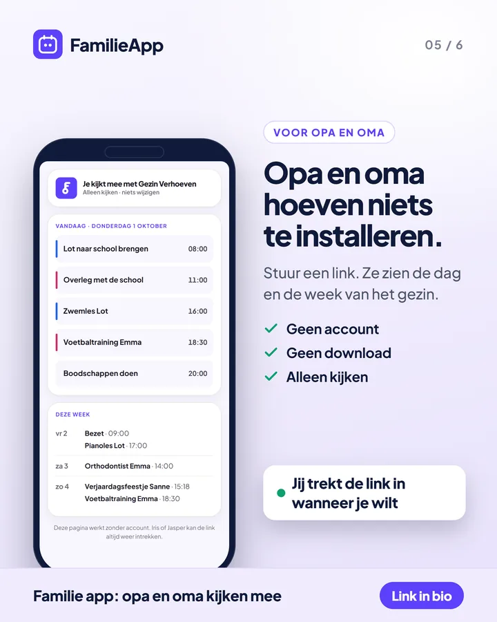 Opa en oma kijken mee met de agenda van het gezin via een link, zonder account