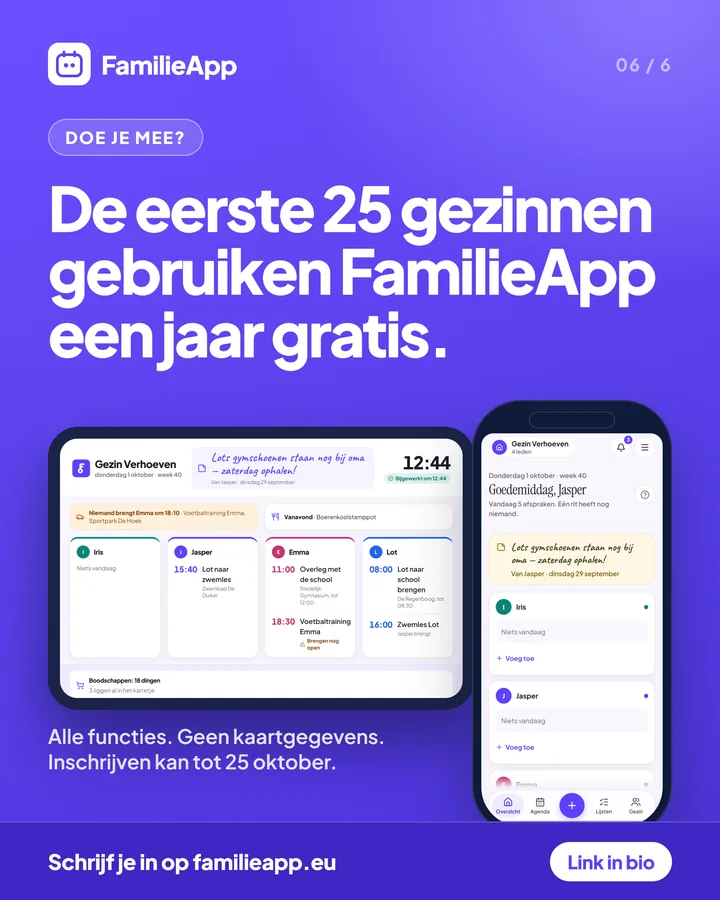 De eerste 25 gezinnen gebruiken alle functies van FamilieApp een jaar gratis