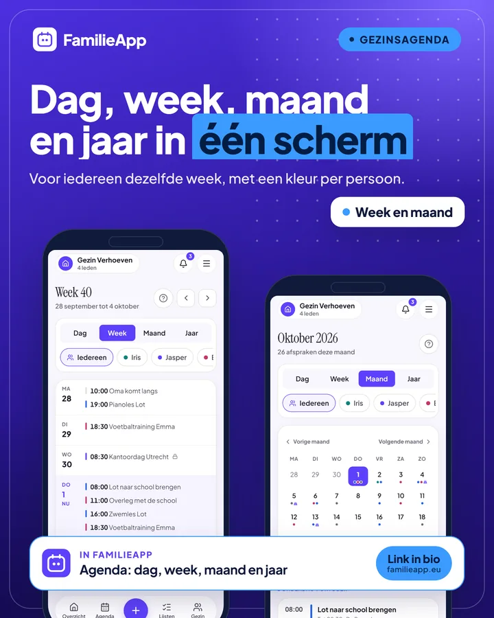 Gezinsagenda in FamilieApp: de weekweergave en de maandweergave naast elkaar