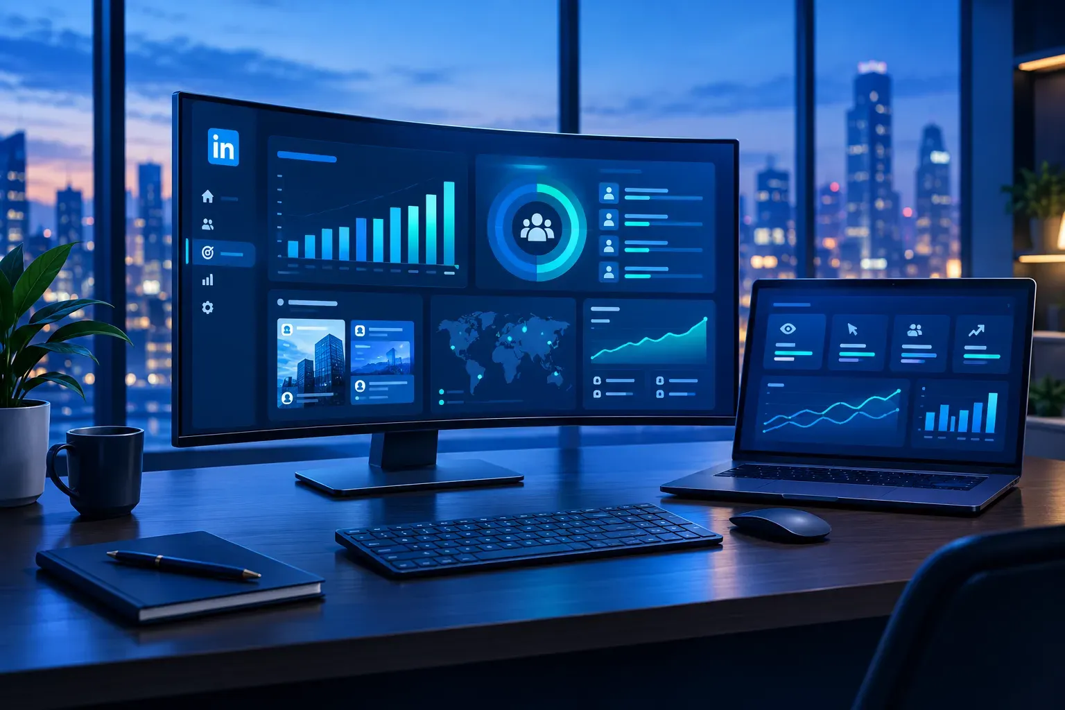 Illustratie van een bureau met een gebogen monitor en een laptop die een dashboard voor een LinkedIn-campagne tonen, met grafieken, een wereldkaart en een doelgroeppaneel