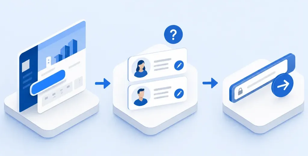 Ilustração em três etapas: uma página de empresa com um novo nome, dois perfis de funcionários que eles mesmos precisam atualizar, e uma barra de endereço para a URL separada