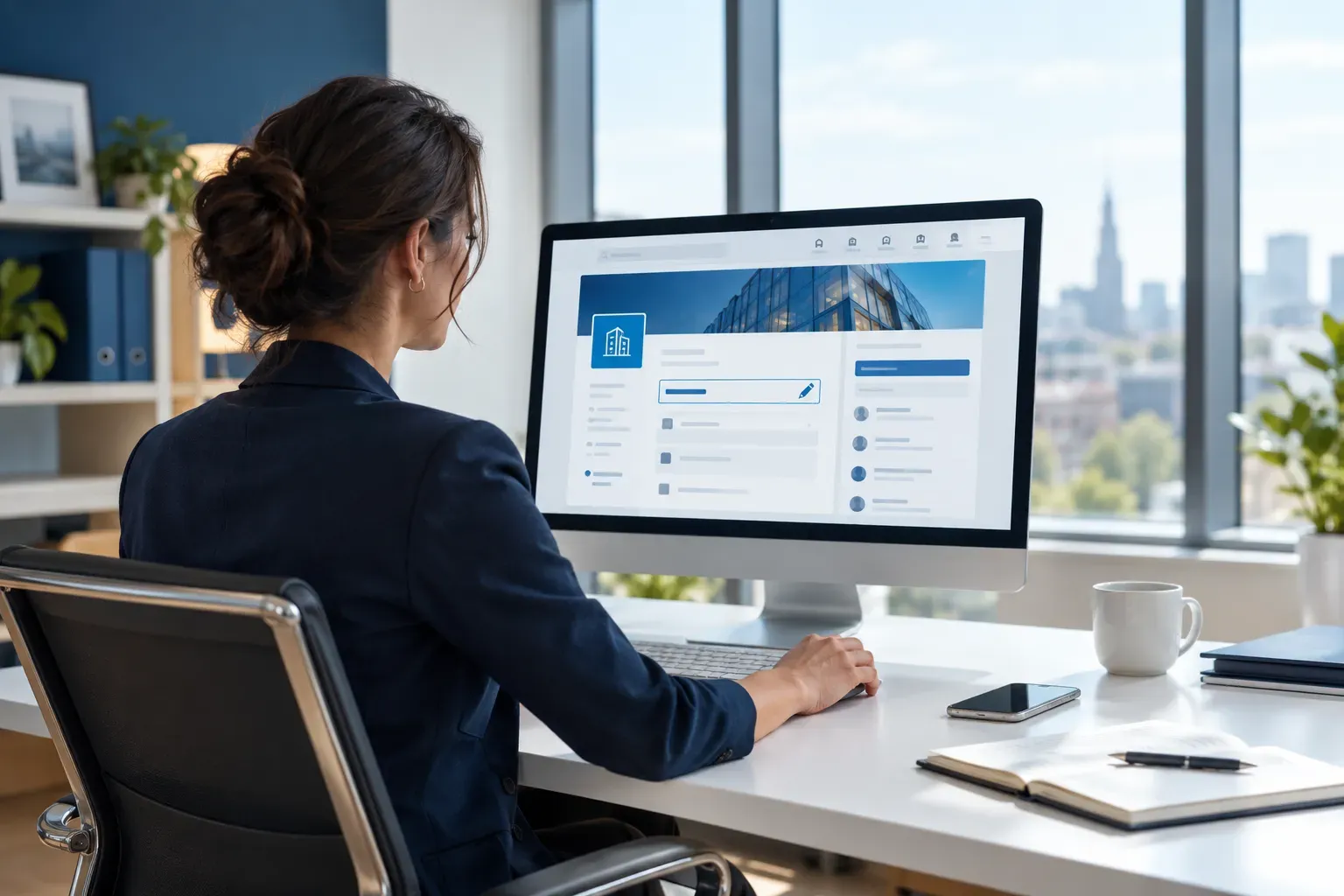 Uma mulher em uma mesa branca perto da janela trabalha em uma tela de computador com uma página de empresa, ao lado de um caderno e uma xícara de café