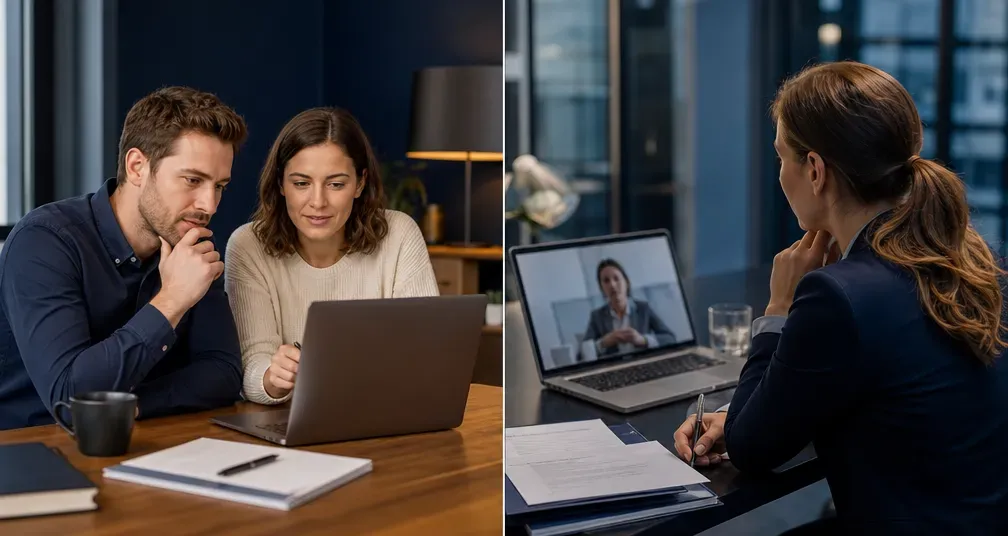 À esquerda, dois colegas olham juntos para um notebook; à direita, uma mulher com papéis está sentada à mesa em uma videochamada