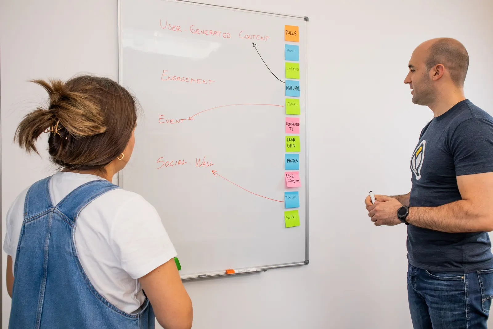 Dois colegas conversam diante de um quadro branco com um planejamento em post-its coloridos