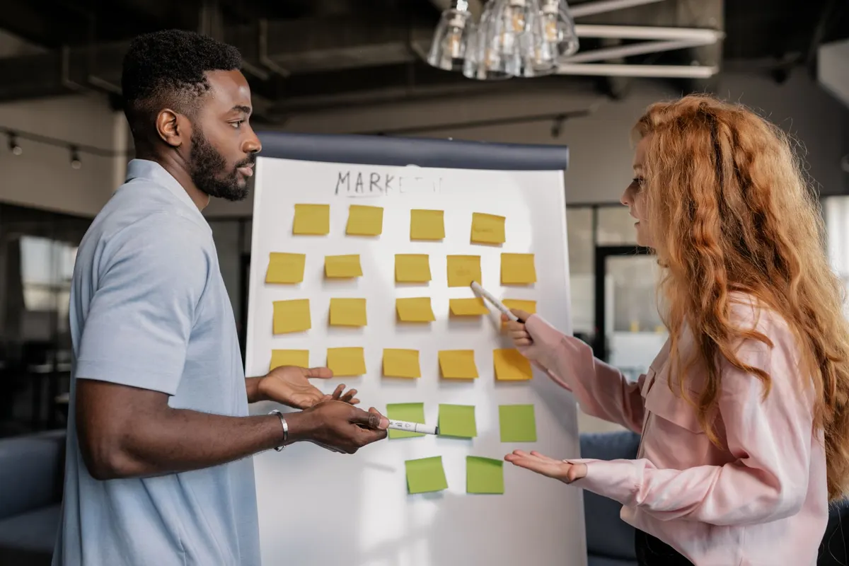Twee mensen werken een marketingplan uit op een flip-over vol notities