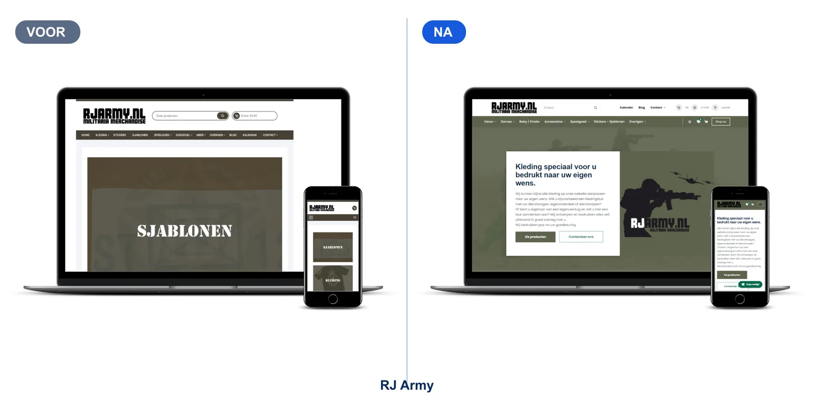 Voor en na: links de oude website van RJ Army met een tabel met sjablonen, rechts de vernieuwde website met een tekst over kleding speciaal voor bedrijven