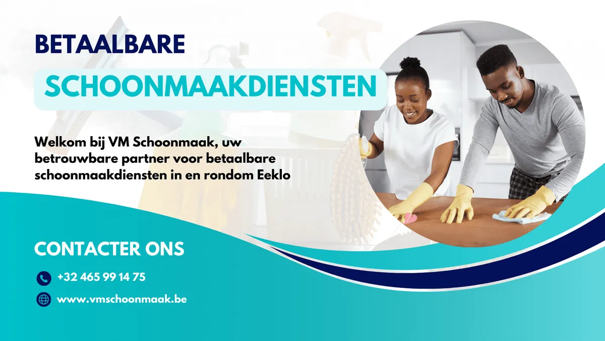 Een Facebook-omslagfoto van VM Schoonmaak met de tekst Betaalbare schoonmaakdiensten en twee schoonmakers aan het werk