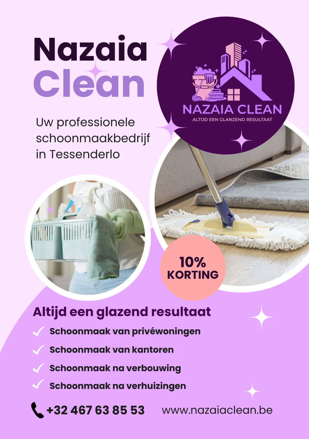 Een paarse flyer van Nazaia Clean, een schoonmaakbedrijf in Tessenderlo, met een kortingsbadge en een lijst met diensten