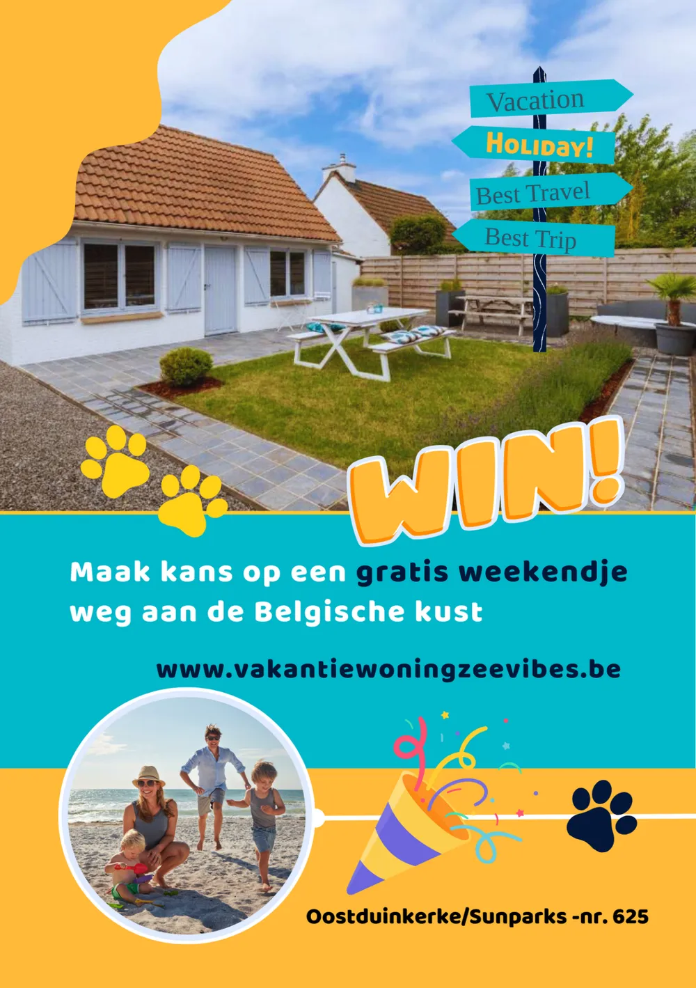 Een gele en turquoise flyer van Zeevibes, een vakantiewoning aan de Belgische kust, met een foto van het huisje en een winactie