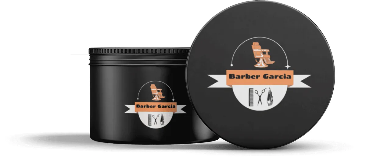 Het logo van Barber Garcia op de deksel van een zwart blikje en op een tweede blikje ernaast