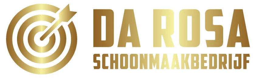 Het gouden logo van Da Rosa Schoonmaakbedrijf met een schietschijf met pijl