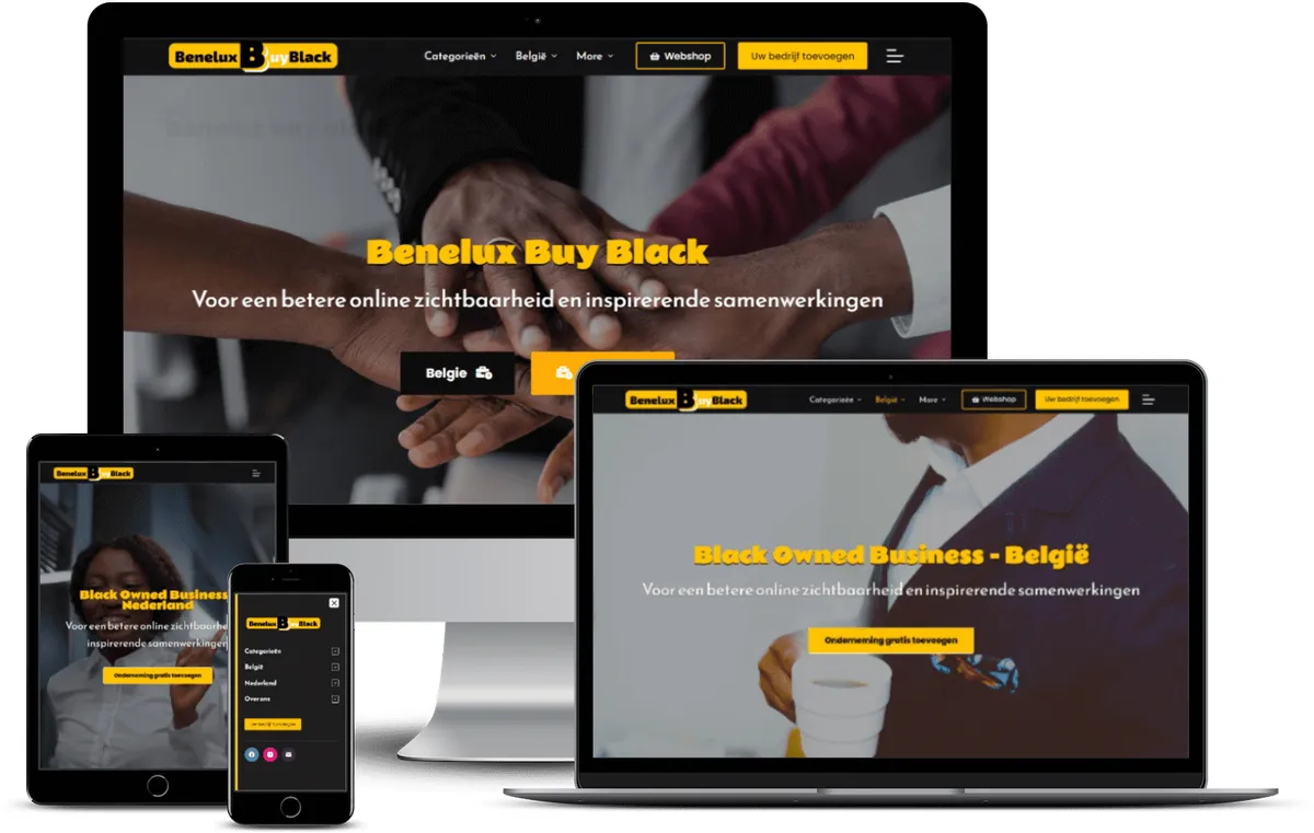 Een laptop, een tablet en een smartphone tonen de website van Benelux Buy Black, een online platform voor Black Owned Business in België