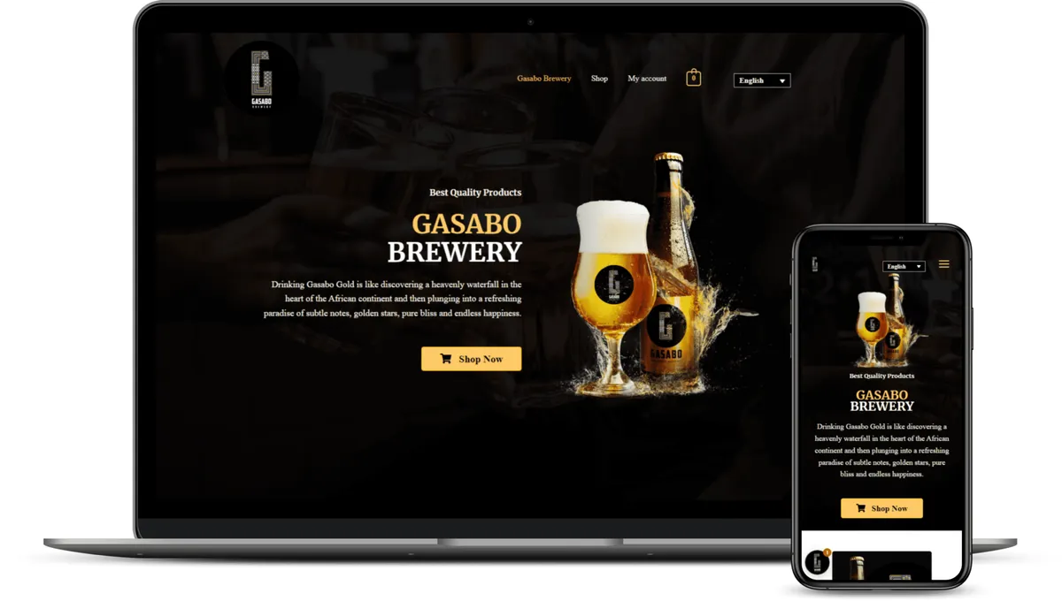 Een laptop en een smartphone tonen de webshop van Gasabo Brewery, een Belgisch-Afrikaanse brouwerij, met een glas bier op de startpagina