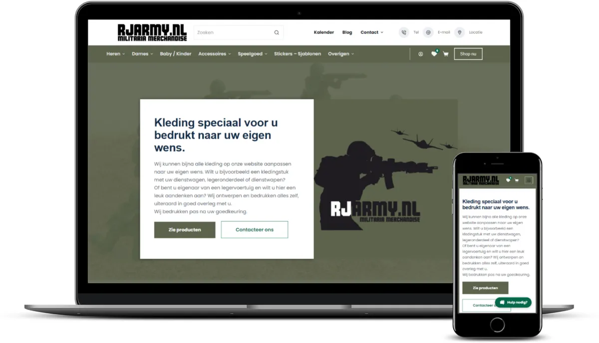 Een laptop en een smartphone tonen de vernieuwde webshop van RJ Army met kleding voor bedrijven en teams