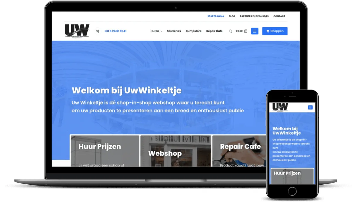 Een laptop en een smartphone tonen UwWinkeltje, een shop-in-shop webshop met onder meer huurprijzen, webshop en repair cafe