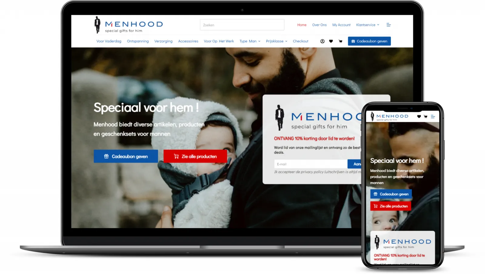 De webshop van Menhood op een laptop en een smartphone, een webshop met cadeaus voor mannen die wij bouwden