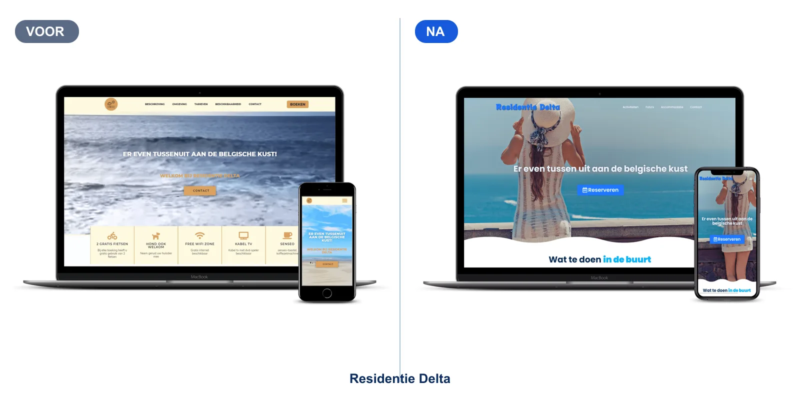 Voor en na: links de oude website van Residentie Delta met een beige ontwerp, rechts de vernieuwde website met een foto van het strand en een knop om te reserveren