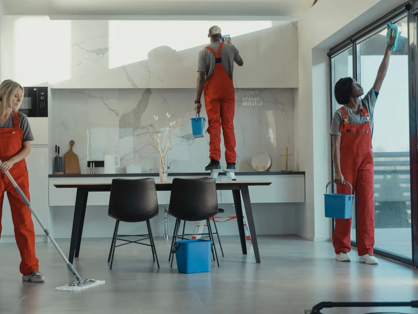Een schoonmaakploeg in rode overalls dweilt de vloer en wast de ramen in een moderne eetkamer