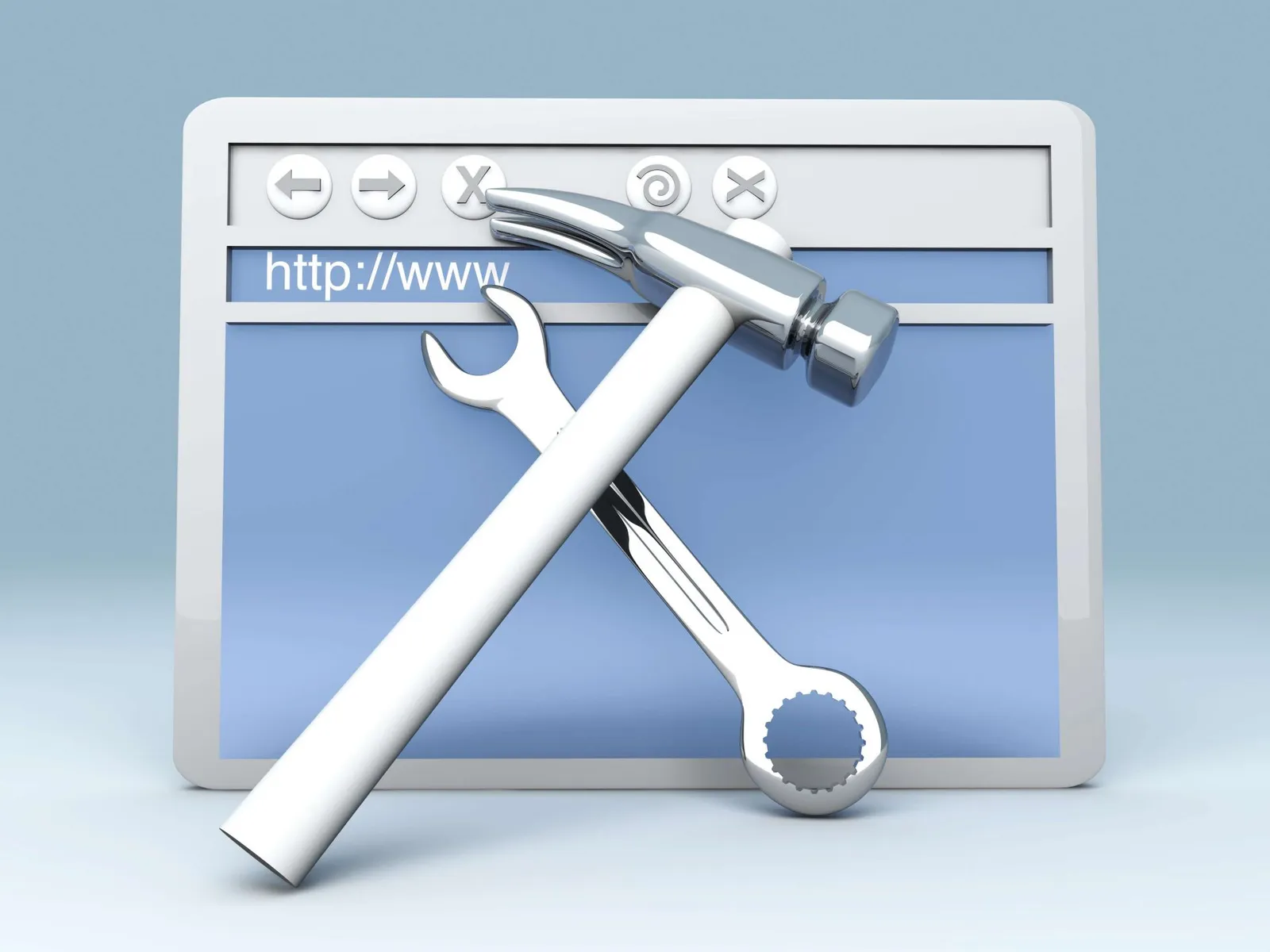 Een browservenster met een hamer en een moersleutel, als beeld voor het onderhouden van een website