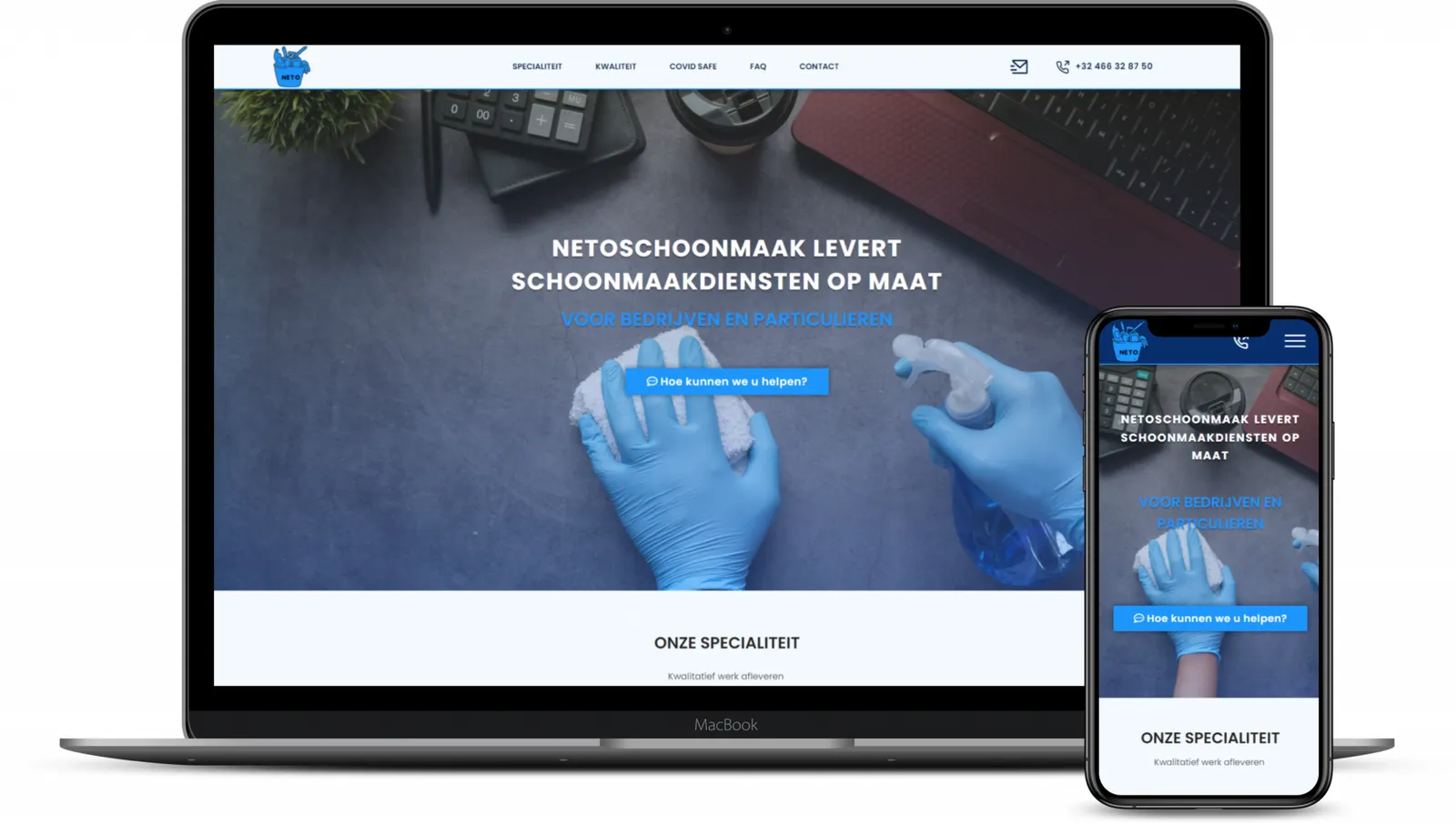Een website van een schoonmaakbedrijf op een laptop en een smartphone, als voorbeeld van een website die wij bouwden