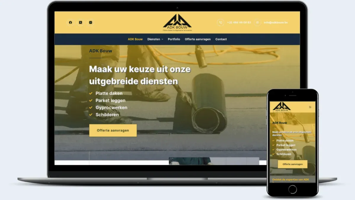 Een laptop en een smartphone tonen de tweetalige website van ADK Bouw, een bouwbedrijf voor platte daken, parket, gyproc en schilderwerk