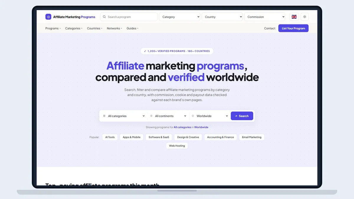 Captura de tela da página inicial do Affiliate Marketing Programs em uma moldura de notebook