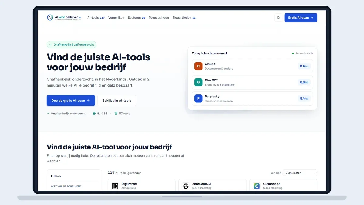 Captura de tela da página inicial do AI voor Bedrijven em uma moldura de notebook