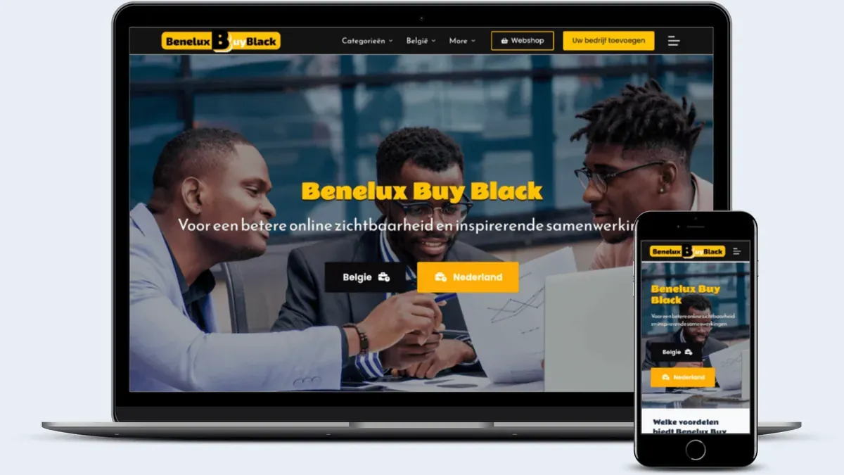 Mockup do site da Benelux Buy Black, a página inicial em um notebook