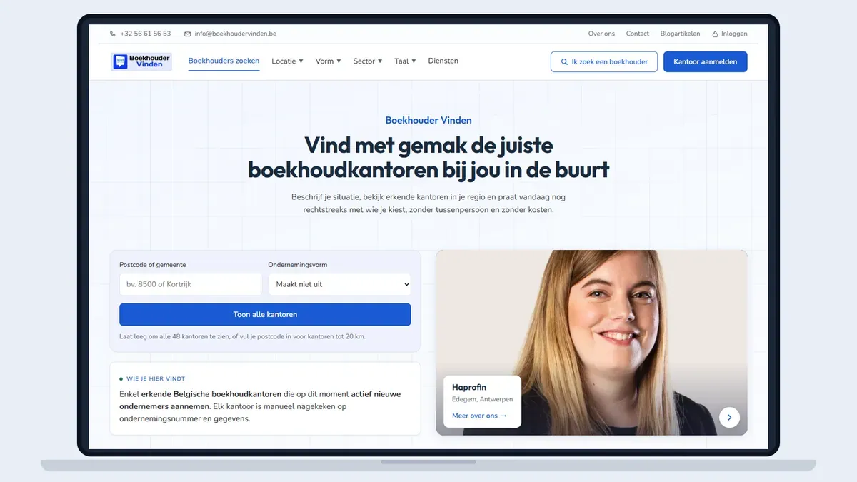 Schermafbeelding van de startpagina van Boekhouder Vinden in een laptopkader