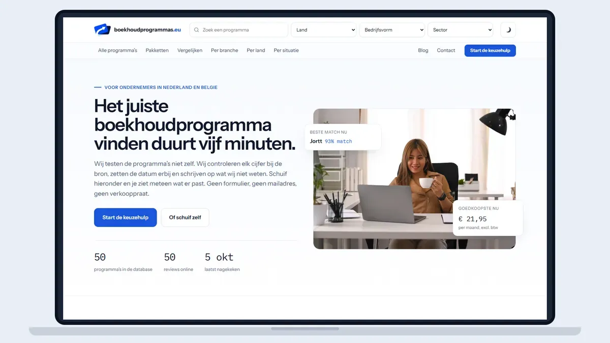 Schermafbeelding van de startpagina van Boekhoudprogrammas.eu in een laptopkader
