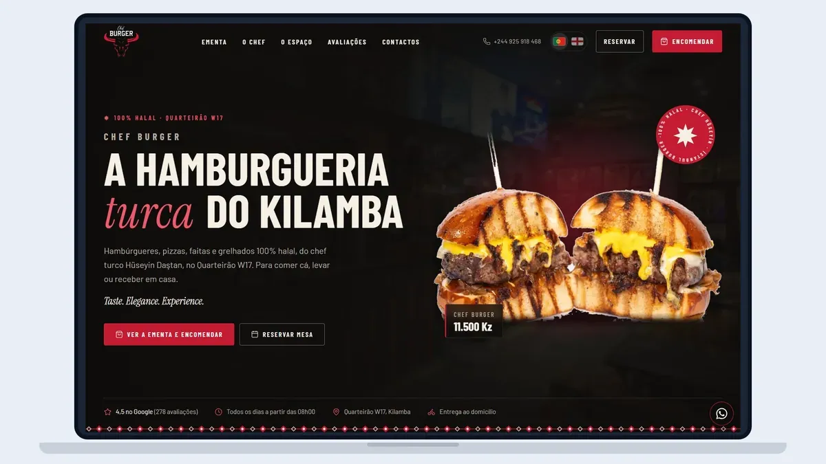 Een laptop toont de website van Chef Burger, een Turks halal hamburgerrestaurant in Kilamba, met twee hamburgers en de knoppen om te bestellen en te reserveren