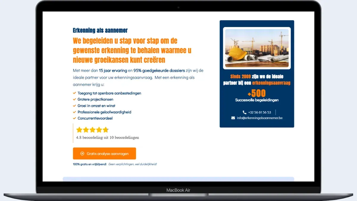 Mockup do site Erkenning als aannemer, a página inicial em um notebook