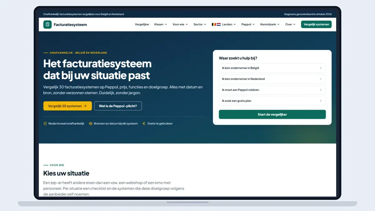 Captura de tela da página inicial do Facturatiesysteem em uma moldura de notebook