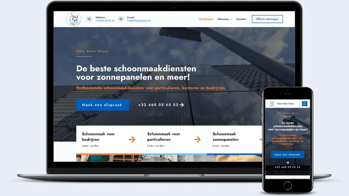 Mockup van de website van Felix Solar Clean, de startpagina op een laptop