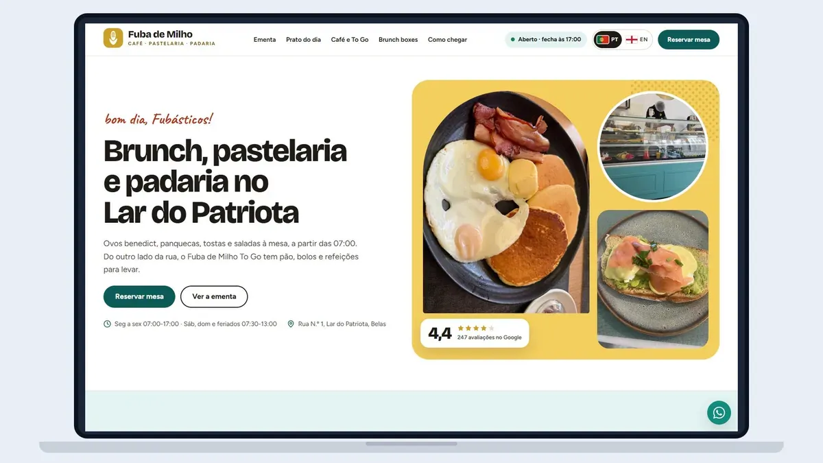 Een laptop toont de website van Fuba de Milho, een brunchcafé in Lar do Patriota, met foto's van het ontbijt en een knop om een tafel te reserveren