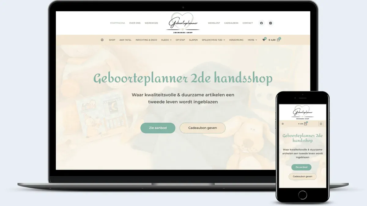 Mockup do site da Geboorteplanner 2de handsshop, a página inicial em um notebook