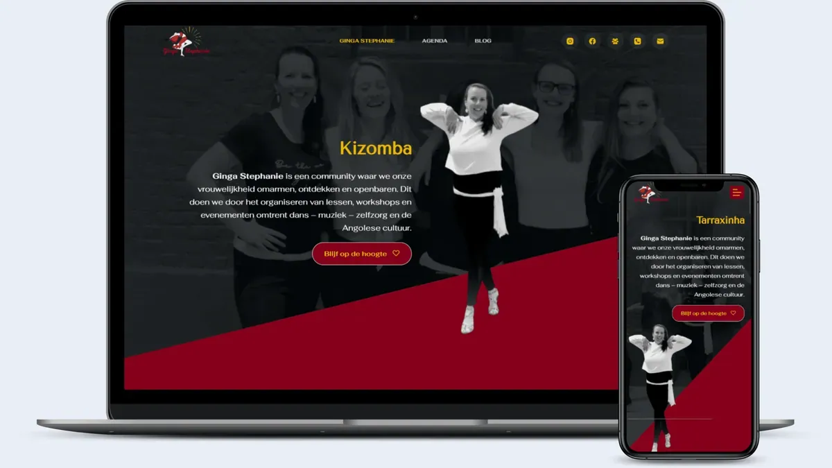Een laptop en een smartphone tonen de website van Ginga Stephanie, een dansgemeenschap in Kortrijk, met een danseres op de startpagina