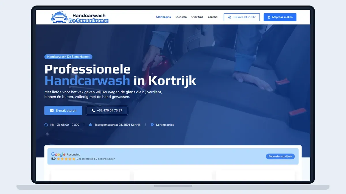 Schermafbeelding van de startpagina van Handcarwash De Samenkomst in een laptopkader