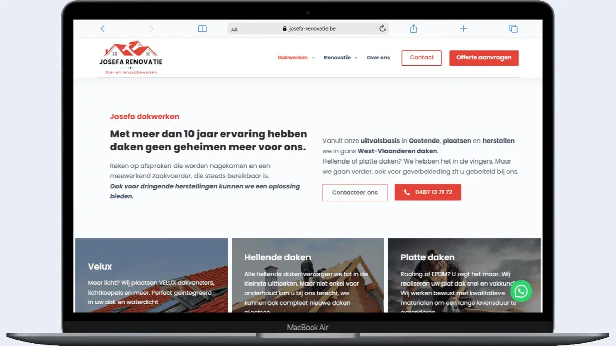 Mockup van de website van Josefa Renovatie, de startpagina op een laptop