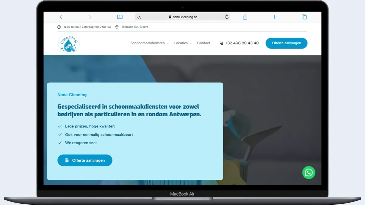 Een laptop toont de website van Nana Cleaning, schoonmaakdiensten voor bedrijven en particulieren in en rond Antwerpen