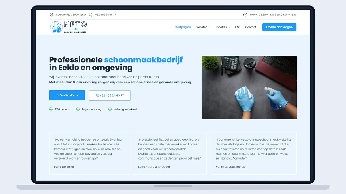 Een laptop toont de website van Neto Schoonmaak, een schoonmaakbedrijf in Eeklo en omgeving met een pagina per plaats