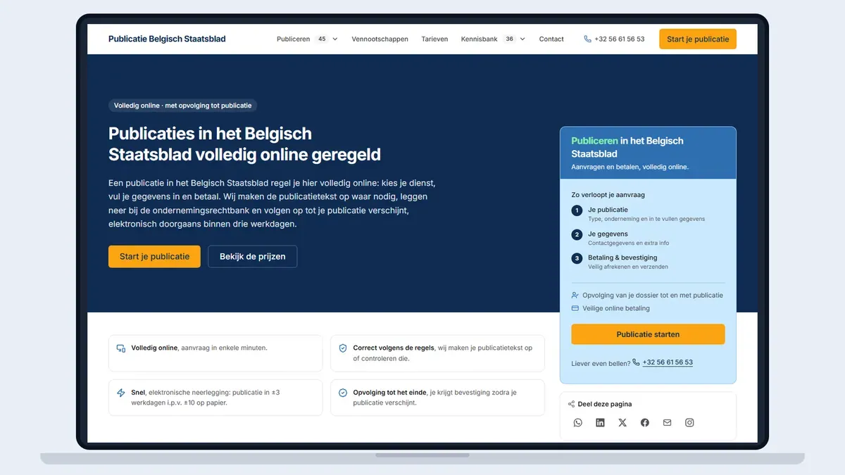 Schermafbeelding van de startpagina van Publicatie Belgisch Staatsblad in een laptopkader