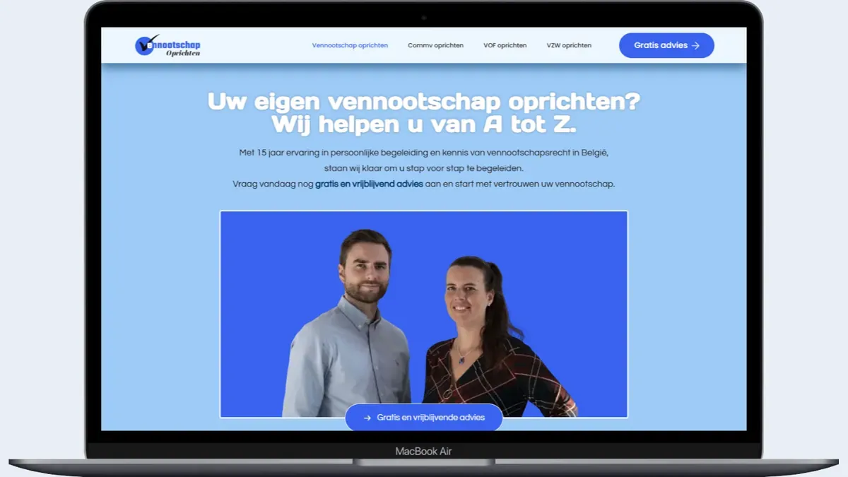 Mockup do site Vennootschap oprichten, a página inicial em um notebook