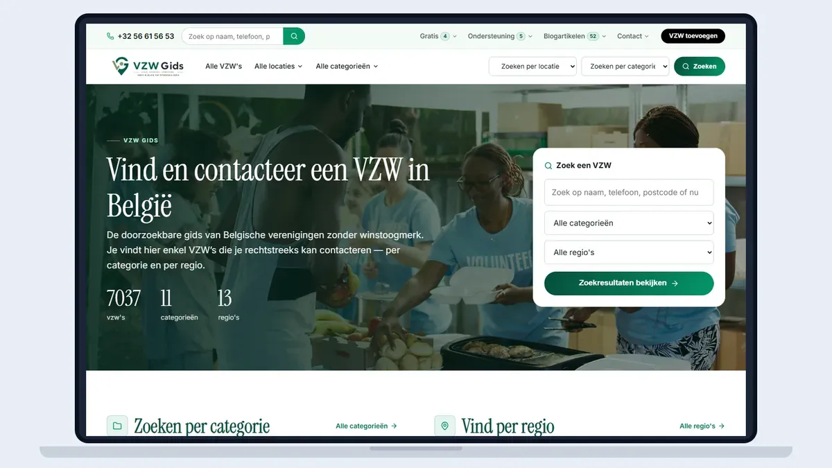 Schermafbeelding van de startpagina van VZW Gids in een laptopkader